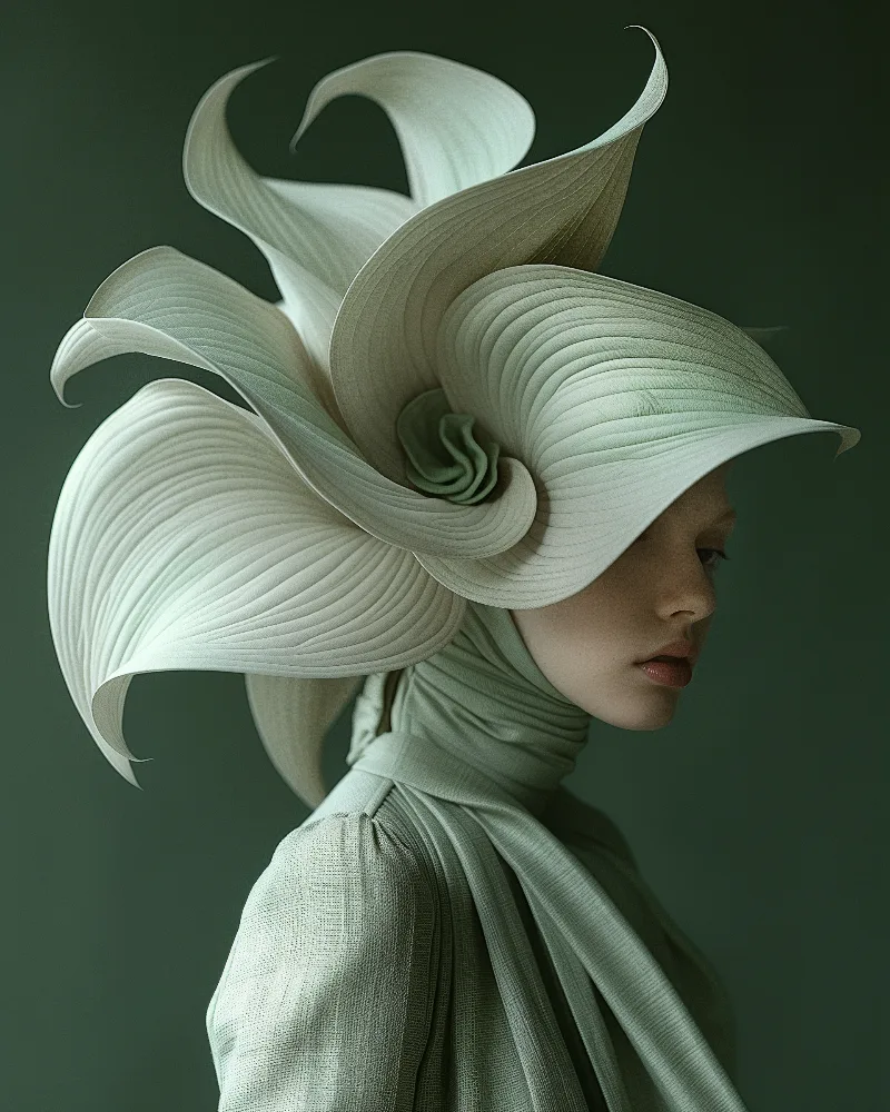 Aeonia (UNITY · Resonance, III.2) — swirling white petals over a figure in a sage scarf, dark green background — digital art by Janina Laszlo