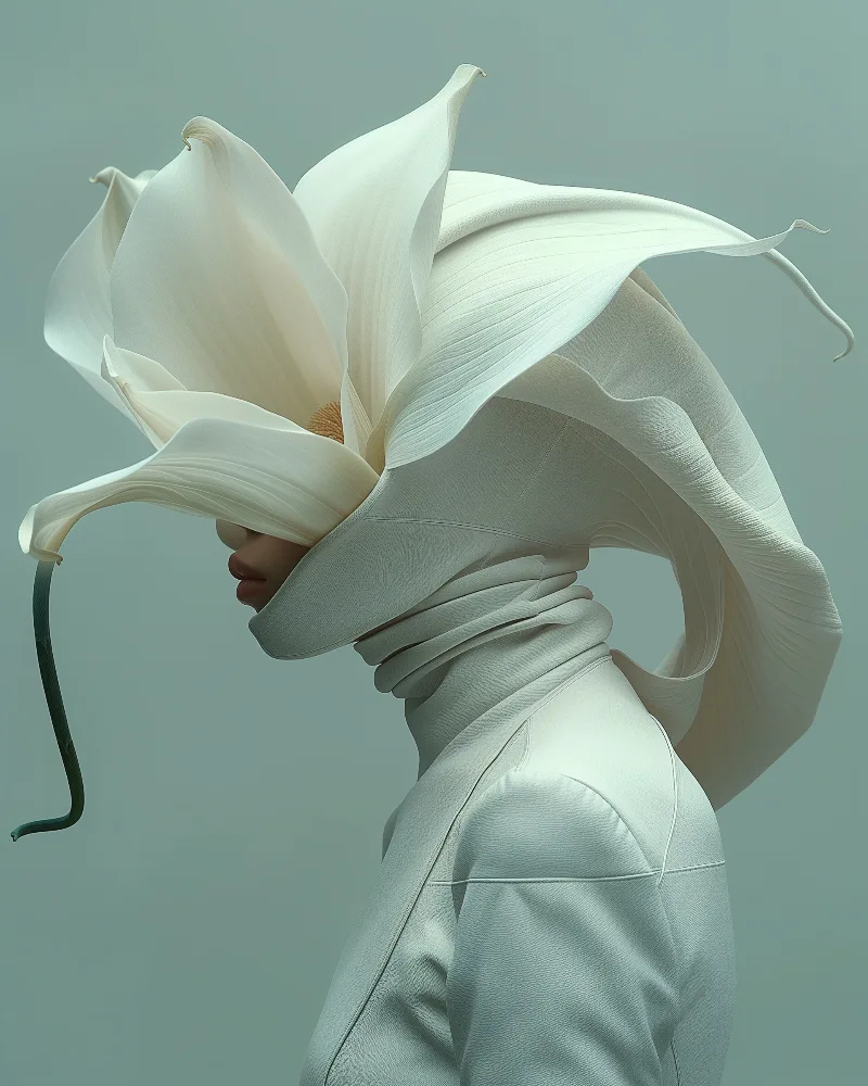 Arion (UNITY · Continuum, V.6) — white lily petals over a sage turtleneck with a dark stem — digital art by Janina Laszlo