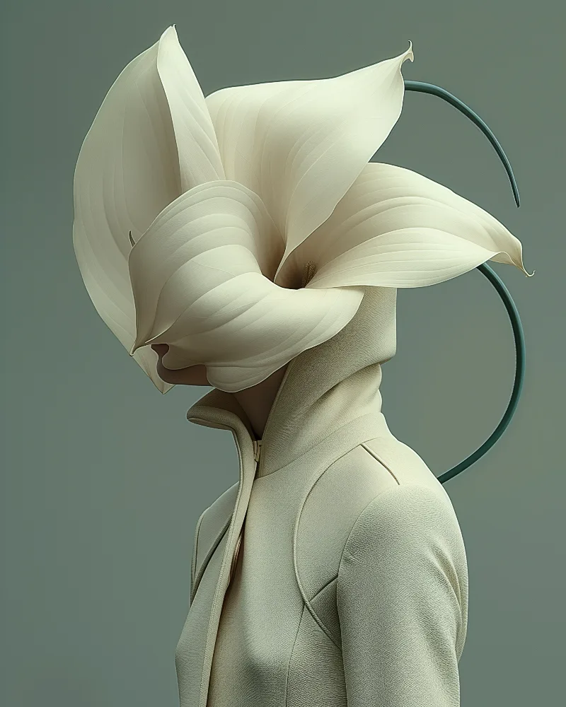 Aurora (UNITY · Continuum, V.4) — twisting cream petals with a dark green tendril, ivory jacket — digital art by Janina Laszlo