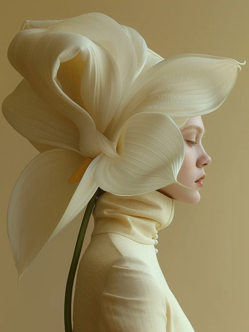 Calix (UNITY · Bloom, II.7) — large cream blossom on a green stem beside a profile in a cream turtleneck — digital art by Janina Laszlo