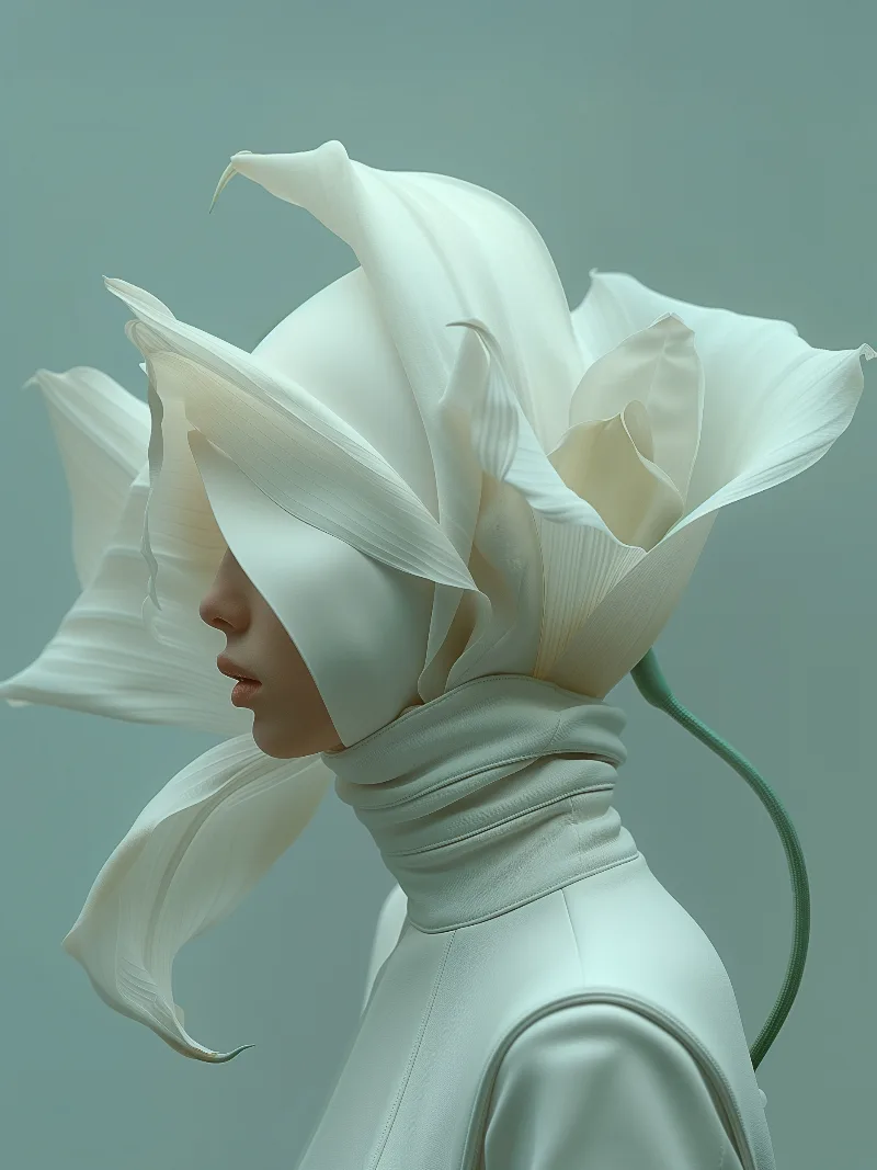 Celeste (UNITY · Continuum, V.7) — white calla blossoms around a hooded collar, teal background — digital art by Janina Laszlo