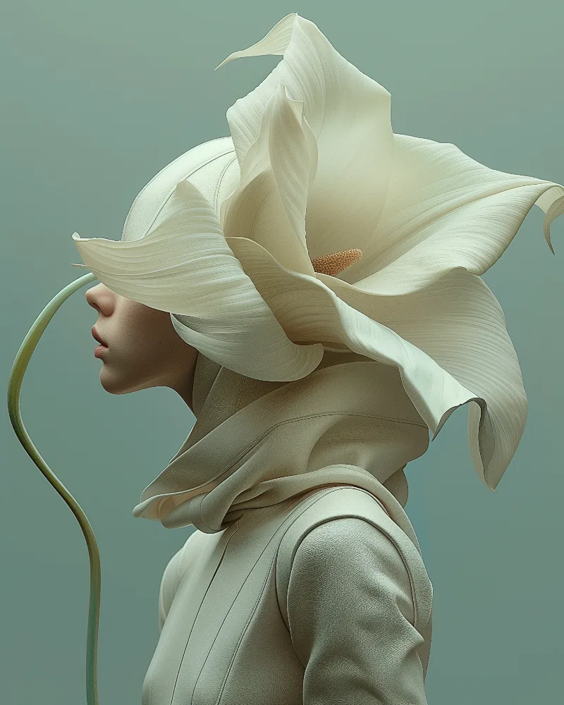 Cycla (UNITY · Continuum, V.2) — ruffled cream flower with a curved green stem above an ivory jacket — digital art by Janina Laszlo