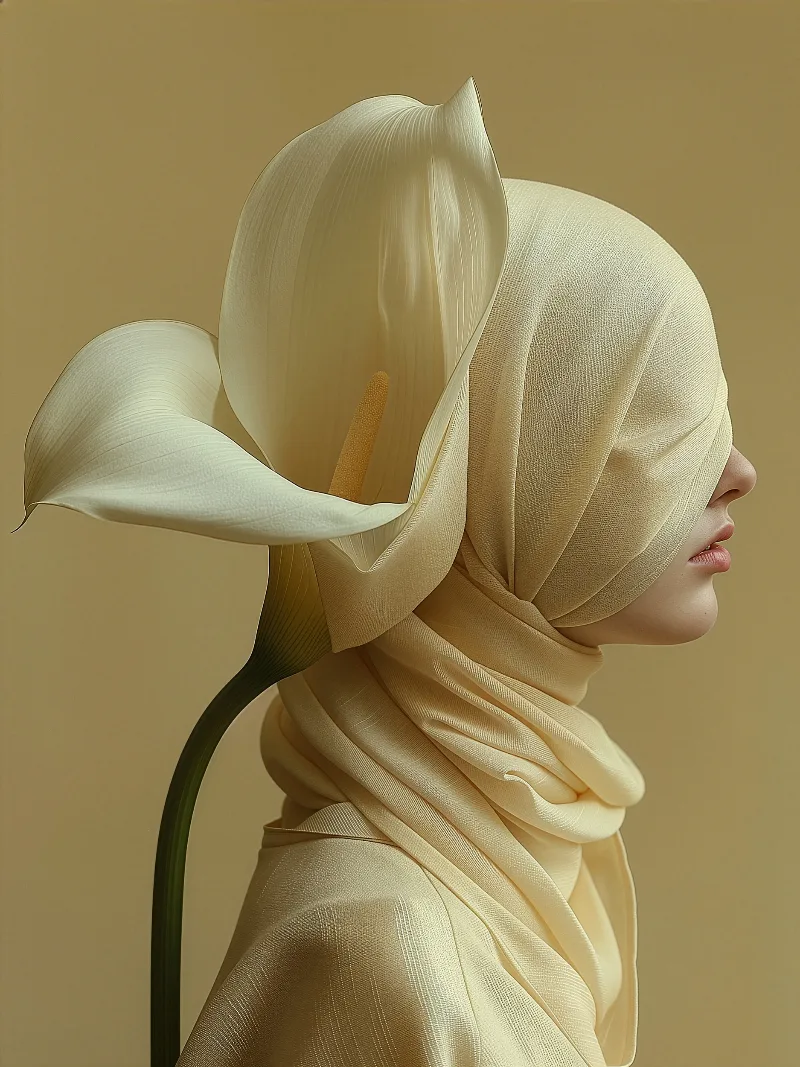Eclypse (UNITY · Bloom, II.3) — calla lily growing beside a lace-veiled cream hood, ochre background — digital art by Janina Laszlo