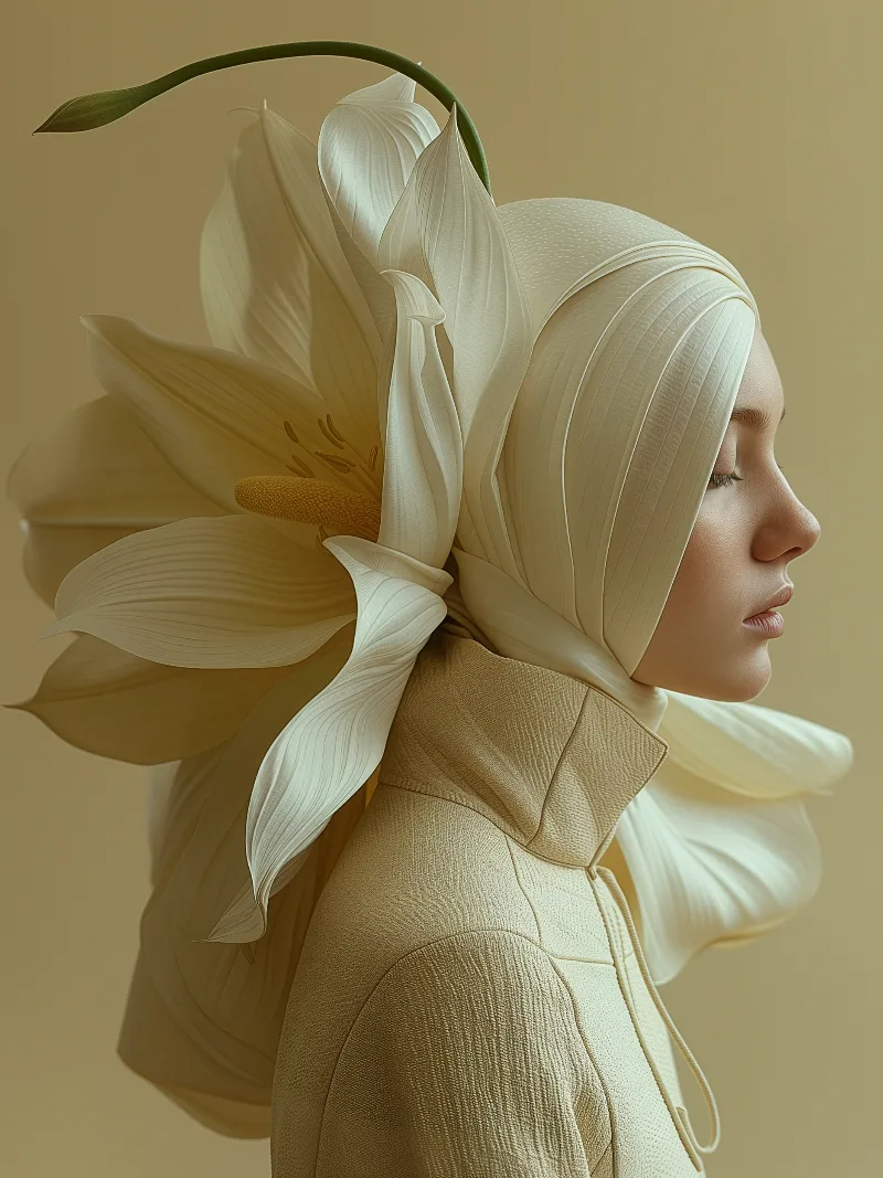 Fluxa (UNITY · Bloom, II.6) — white lily petals framing a cream hood, profile, warm beige — digital art by Janina Laszlo