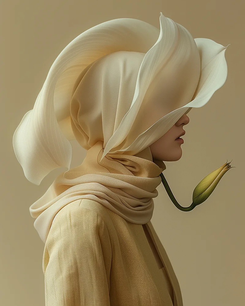 Lumina (UNITY · Bloom, II.2) — draped cream petal hood with a seed pod on a curved stem, ochre background — digital art by Janina Laszlo