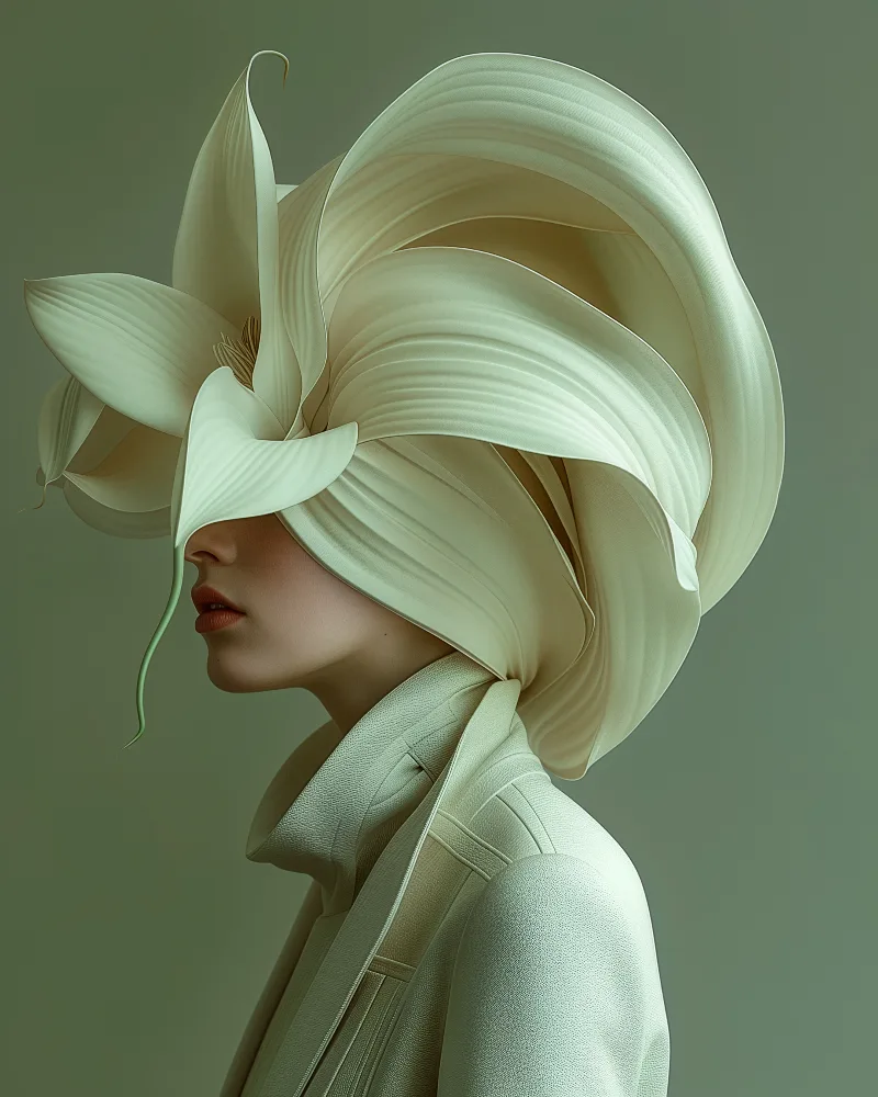Noesis (UNITY · Synthesis, IV.2) — sweeping ivory petals over a woman in a pale green coat — digital art by Janina Laszlo
