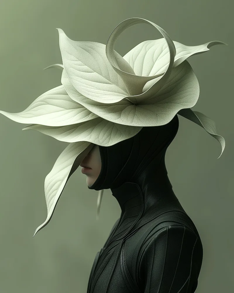 Origin (UNITY · Becoming, I.5) — pale leaf crown with a looped stem above black leather, sage-green background — digital art by Janina Laszlo