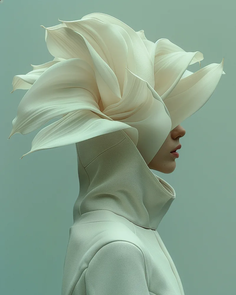 Revolve (UNITY · Continuum, V.3) — windblown cream petals over a high white hooded collar — digital art by Janina Laszlo