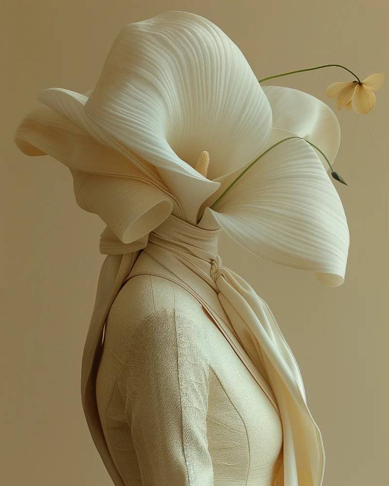 Seed (UNITY · Bloom, II.1) — cream calla hood with a wrapped scarf and a small bud on a stem, warm beige — digital art by Janina Laszlo