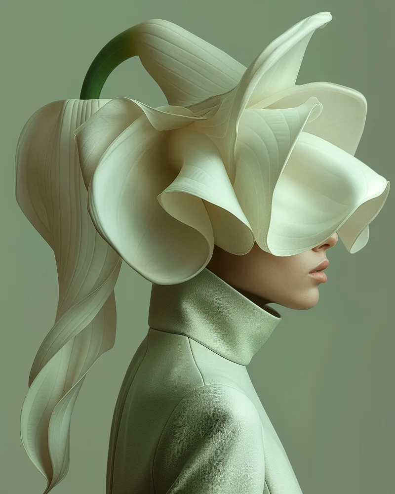 Solace (UNITY · Synthesis, IV.1) — curling cream petals with a green stem over a sage coat — digital art by Janina Laszlo