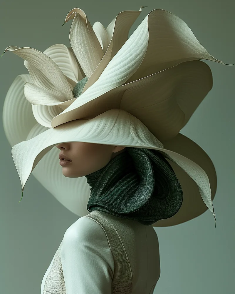Solis (UNITY · Resonance, III.6) — wide layered cream petals over a dark green knit collar — digital art by Janina Laszlo