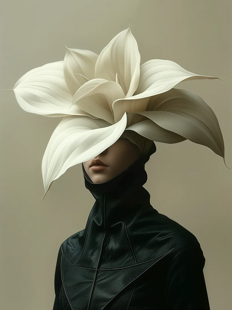 Soma (UNITY · Becoming, I.2) — open white lily blossom hiding the face, black leather collar, taupe background — digital art by Janina Laszlo