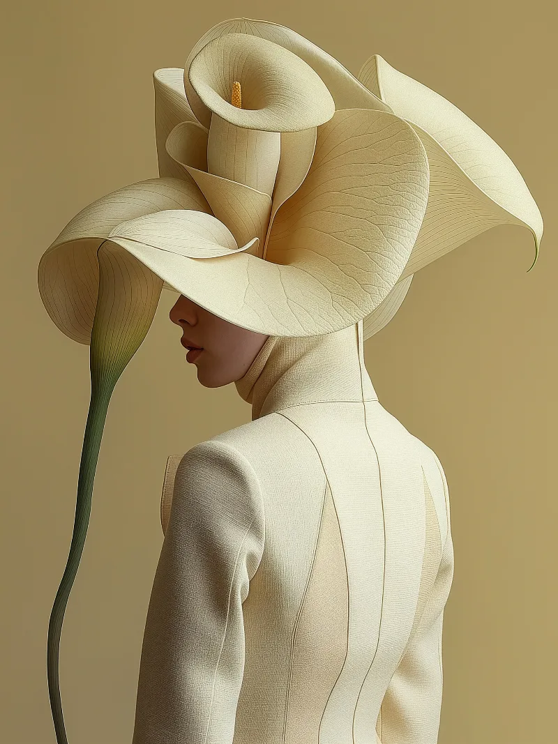 Spiral (UNITY · Bloom, II.5) — rose-like spiral blossom hat with a curved stem, ivory jacket in profile — digital art by Janina Laszlo