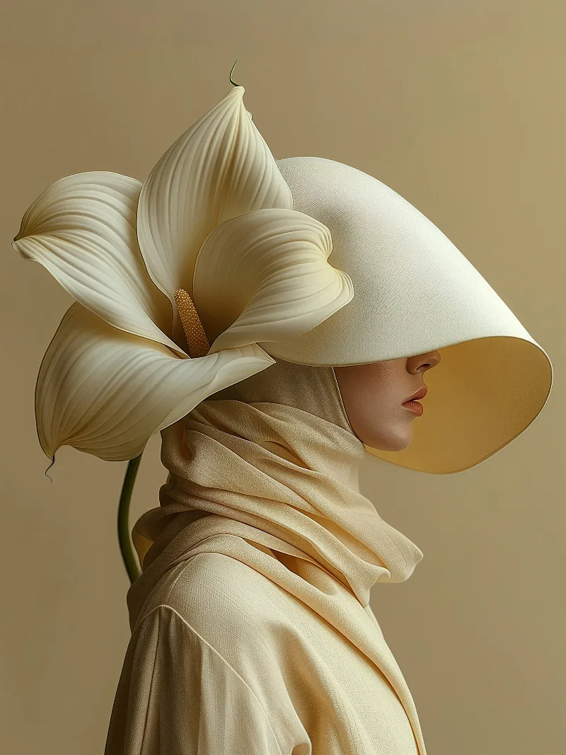 Virea (UNITY · Bloom, II.8) — lily and wide cream brim over a woman in a cream scarf — digital art by Janina Laszlo