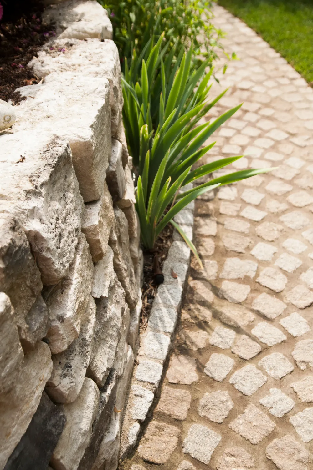 Dry stone wall beside a curved granite cobblestone path and ornamental grasses — natural materials in contemporary landscaping, photographed by Janina Laszlo for Ammerseer Landschaftsbau
