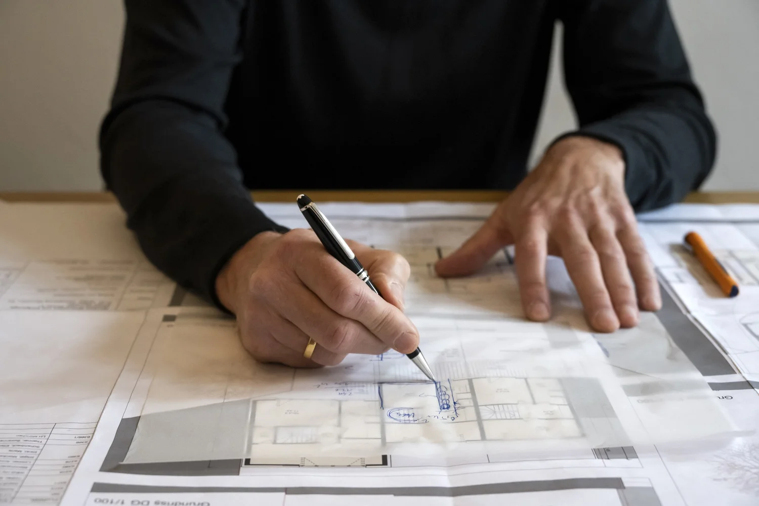 Architect drawing a floor plan by hand with pencil and ruler at the Helmling office — portrait by Janina Laszlo, portrait photographer in Munich