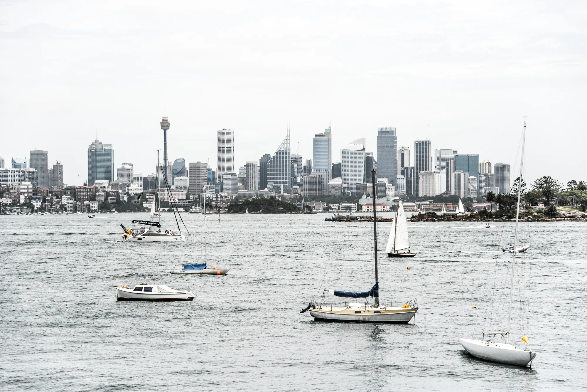 Sydney skyline with Sydney Tower seen across the harbour, sailing boats moored in the foreground, Sydney — Australia, travel and fine art photography by Janina Laszlo