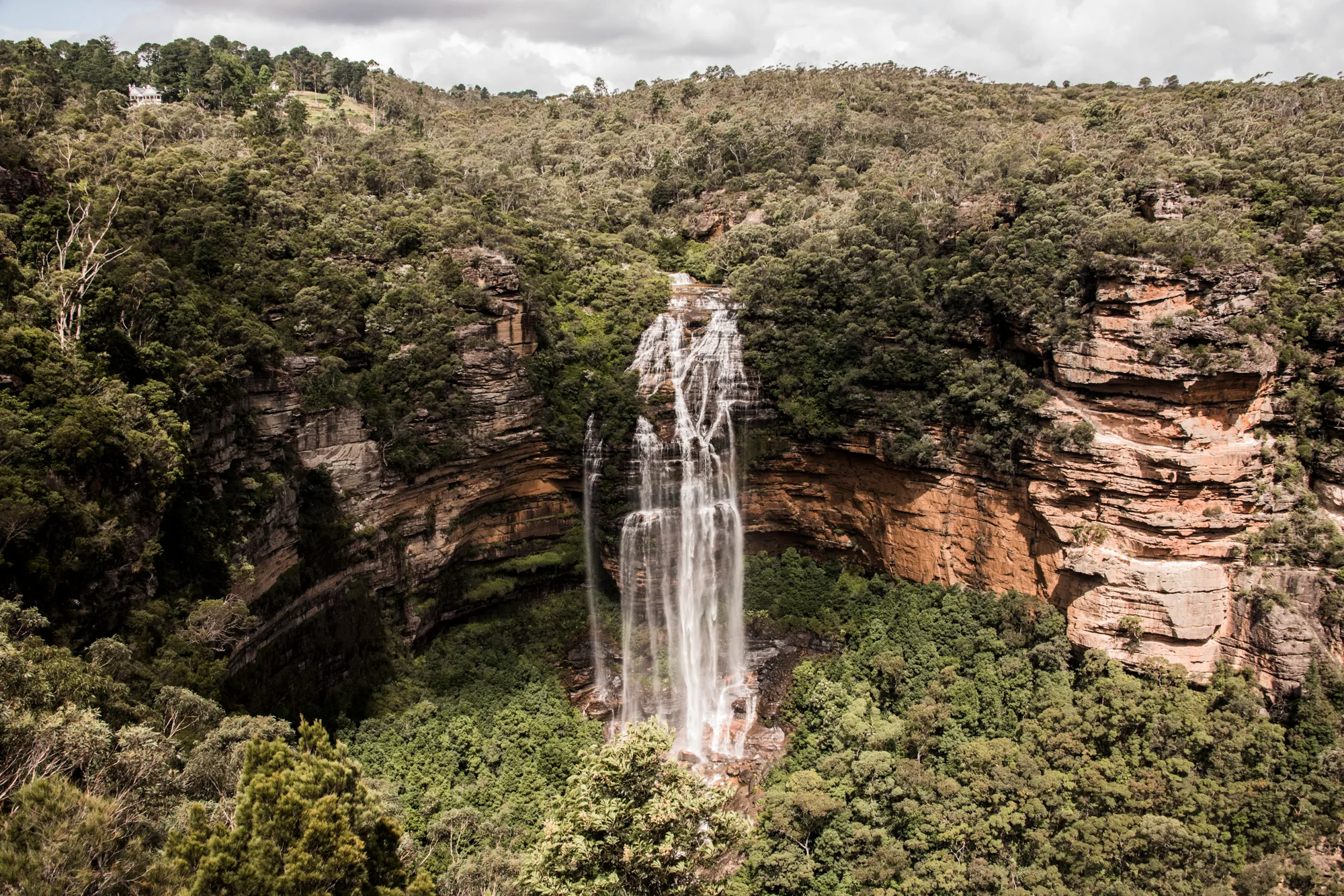 Waterfall dropping over sandstone cliffs into eucalyptus forest, Blue Mountains, New South Wales — Australia, travel and fine art photography by Janina Laszlo