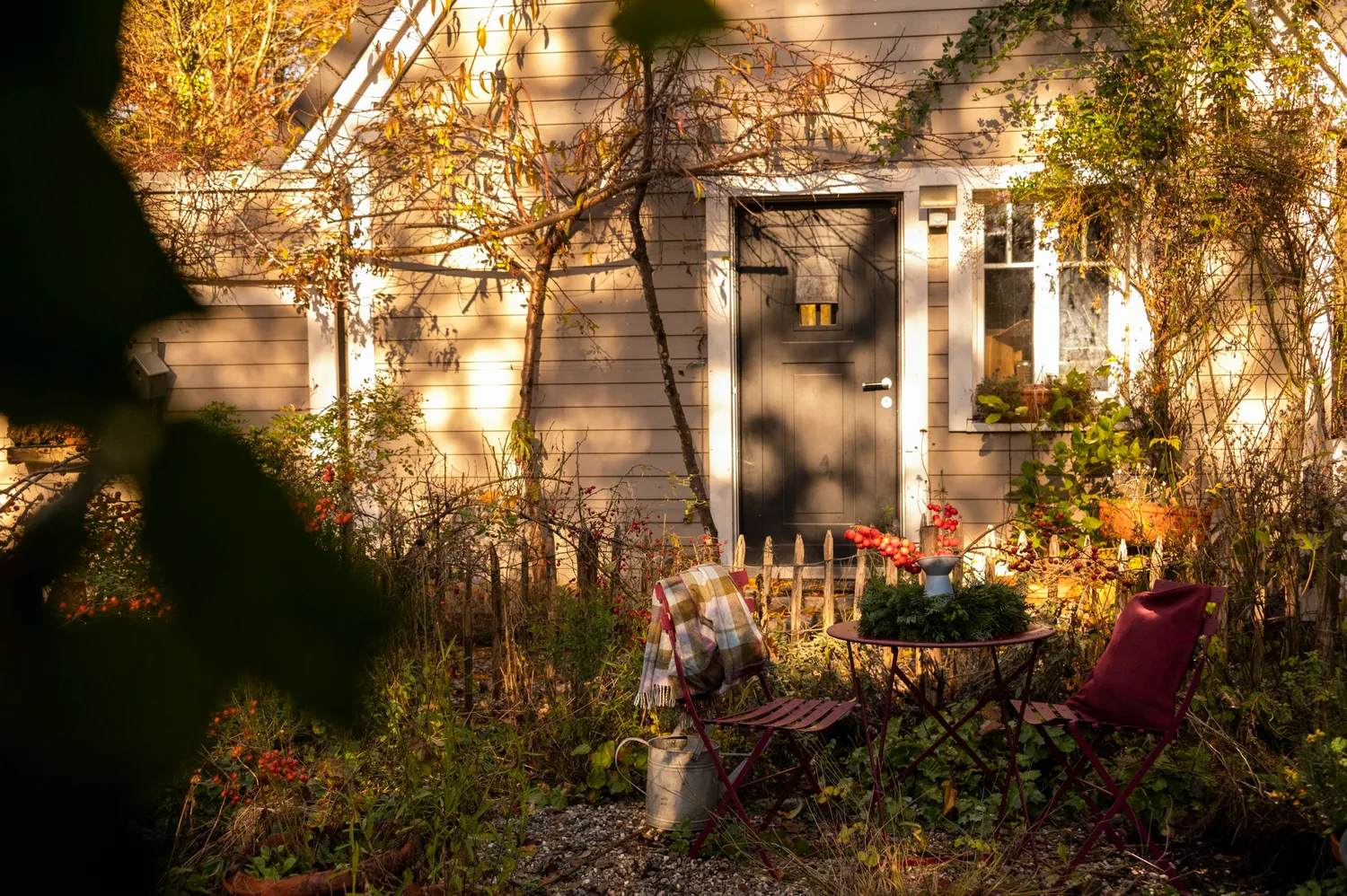 Cottage garden and house front in golden evening light — Autumn at My Cottage Garden, Sarah Stiller — campaign photography by Janina Laszlo, Munich