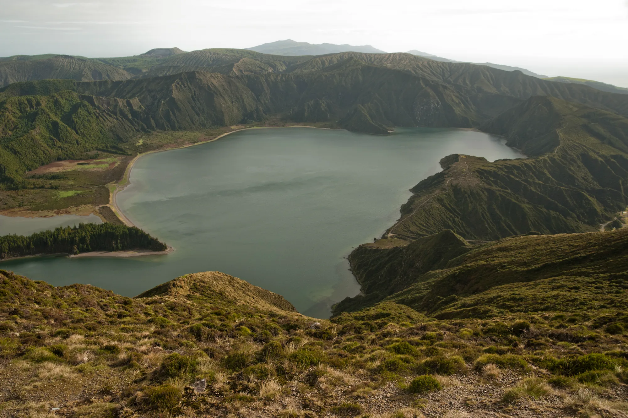 Lagoa do Fogo crater lake framed by green mountain ridges — Azores, São Miguel, travel and fine art photography by Janina Laszlo