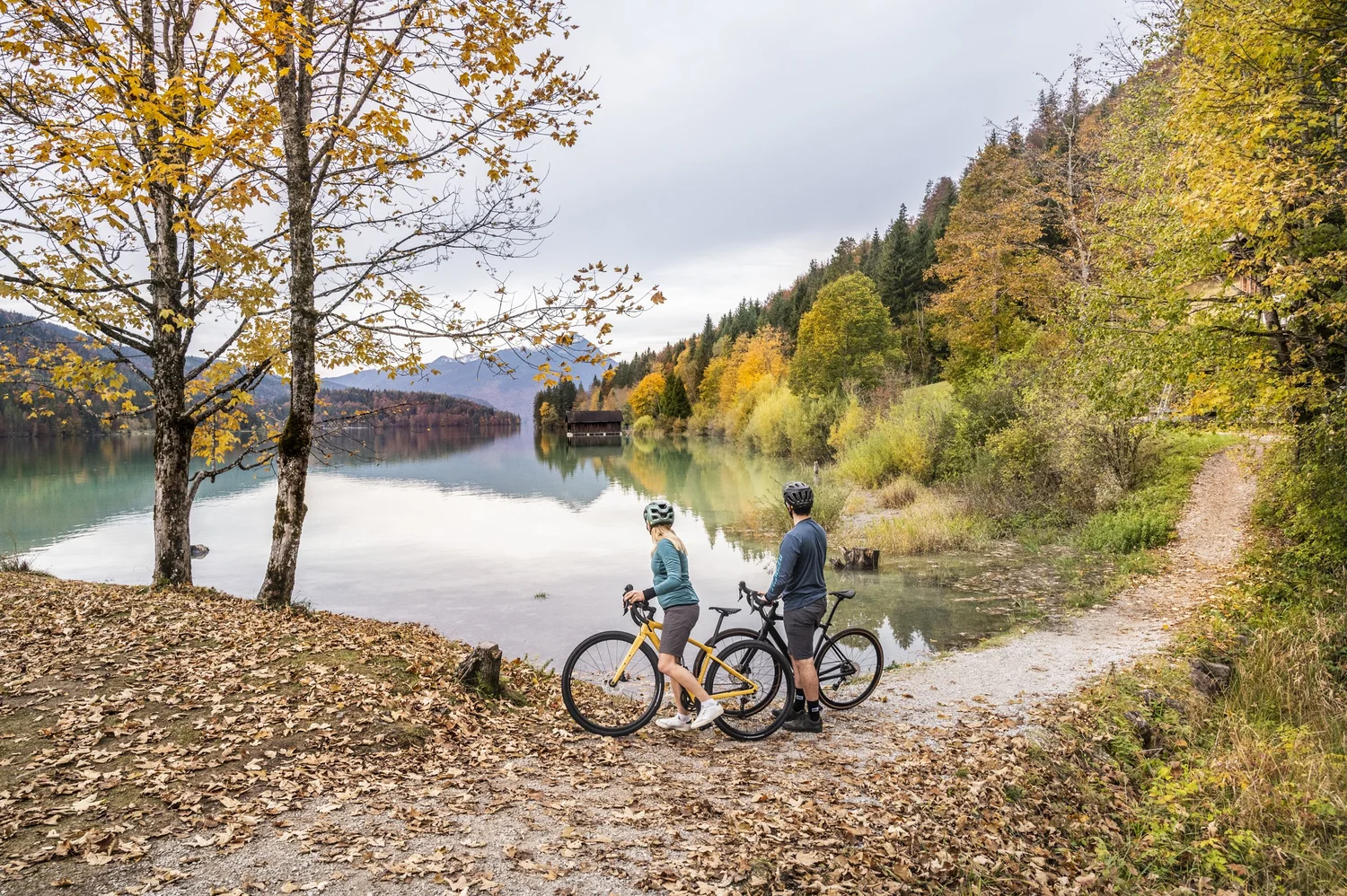 Two cyclists resting by a lake under golden autumn birches in the Blaues Land, Upper Bavaria, for the Bayerischer Tourismusverband — campaign photography by Janina Laszlo, Munich