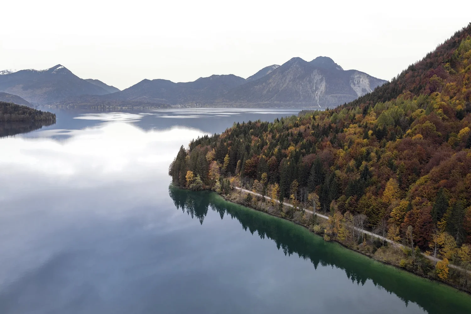 Aerial view of a calm Alpine lake with morning mist and autumn forest, Bavaria — campaign photography by Janina Laszlo, Munich