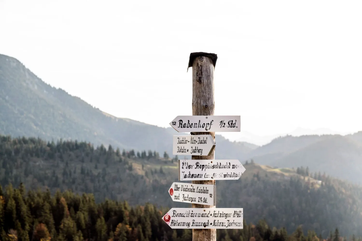 Wooden signpost on a mountain ridge with the Alps behind, Blaues Land, Bayerischer Tourismusverband — campaign photography by Janina Laszlo, Munich