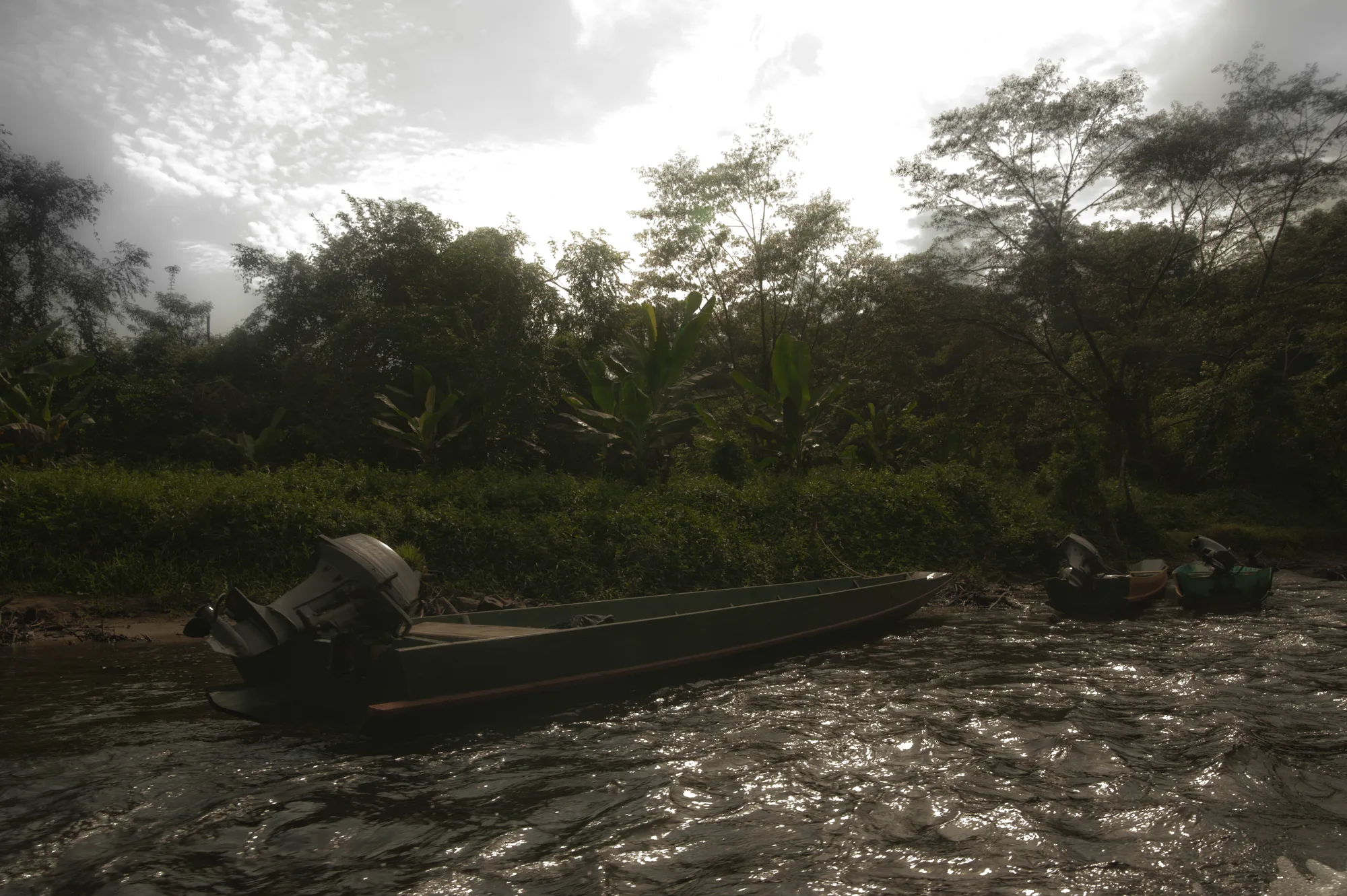 Longboats with outboard motors moored on a jungle riverbank — Borneo & Pulau Mabul, documentary and travel photography by Janina Laszlo
