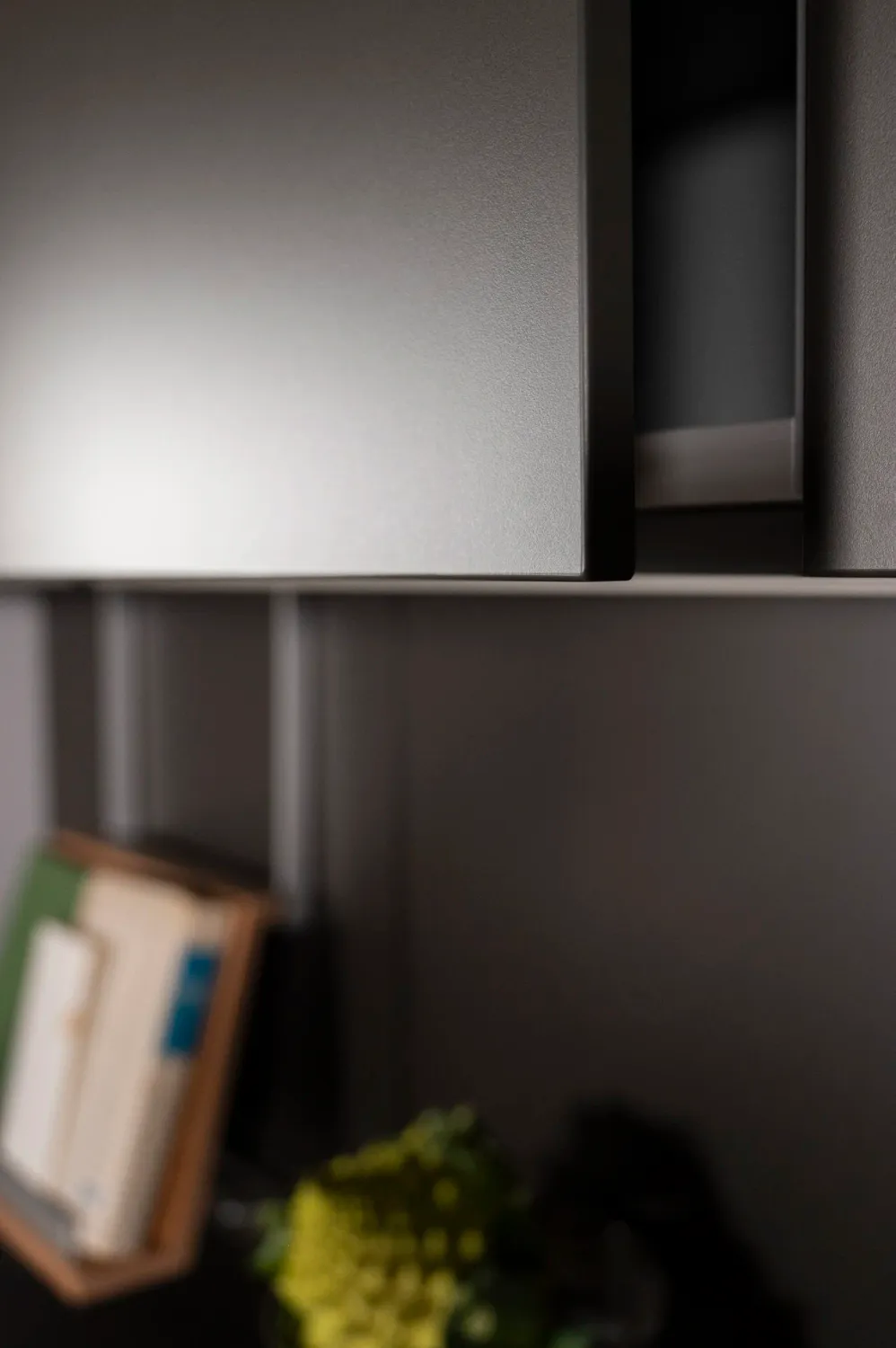 Dark bulthaup kitchen corner with cookbook and grapes in soft side light — campaign photography by Janina Laszlo, Munich