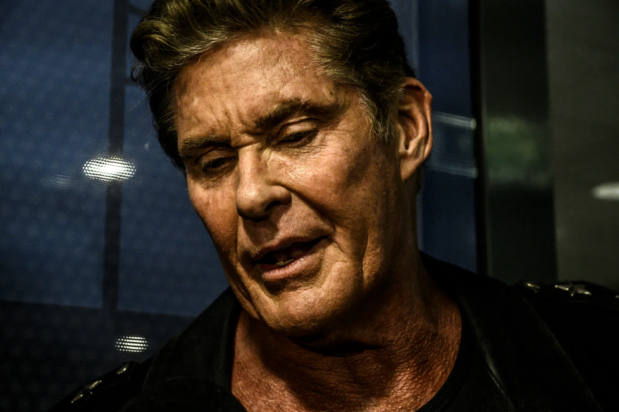 Close-up of David Hasselhoff looking down, backstage during a concert appearance — editorial and behind-the-scenes photography by German photographer Janina Laszlo