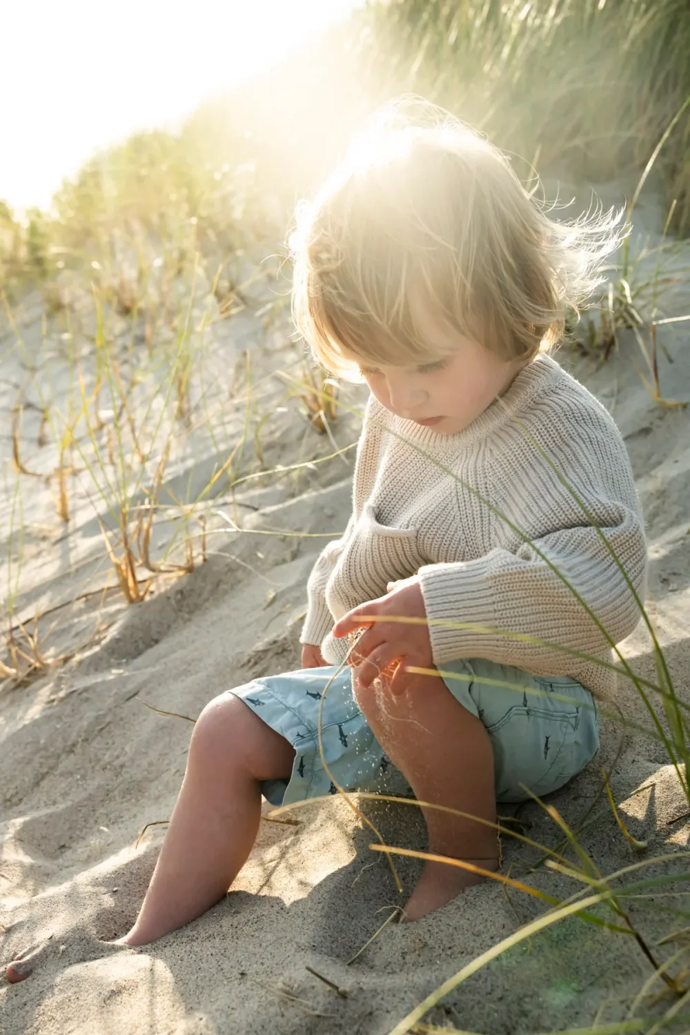 Toddler in a knit sweater sitting in the dunes in backlight — Ernsting's family kidswear, Klitmøller, Denmark — campaign photography by Janina Laszlo, Munich