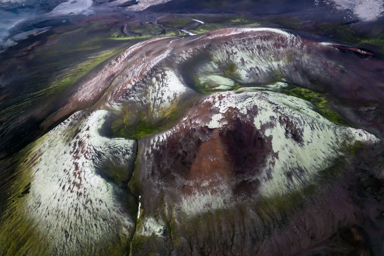 Aerial view of a moss-green volcanic crater in Iceland, Ofanfrá series — travel photography by Janina Laszlo