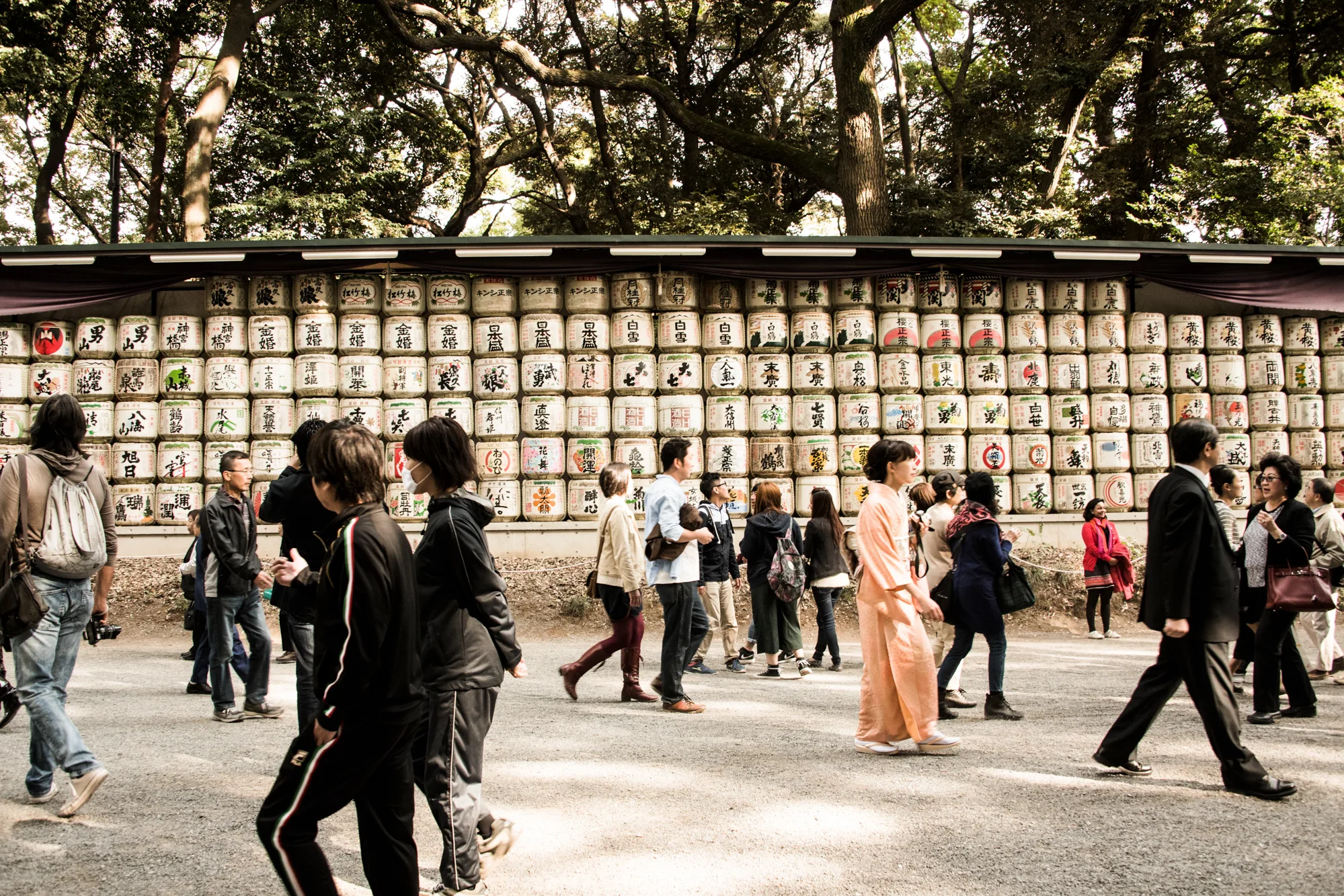 Visitors passing the wall of sake barrels at Meiji Shrine, Tokyo — Japan, travel and street photography by Janina Laszlo