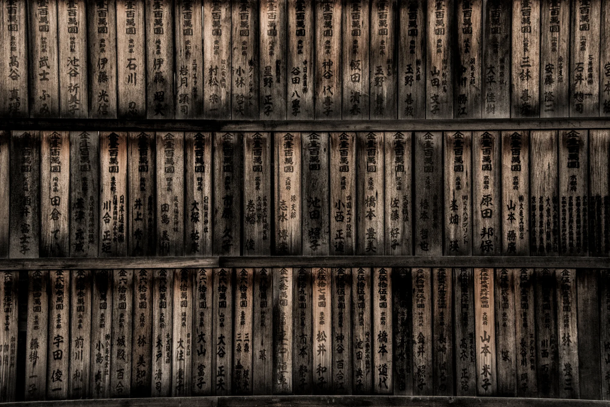 Wall of wooden donor plaques with black calligraphy at a temple, Japan — Japan, travel and street photography by Janina Laszlo