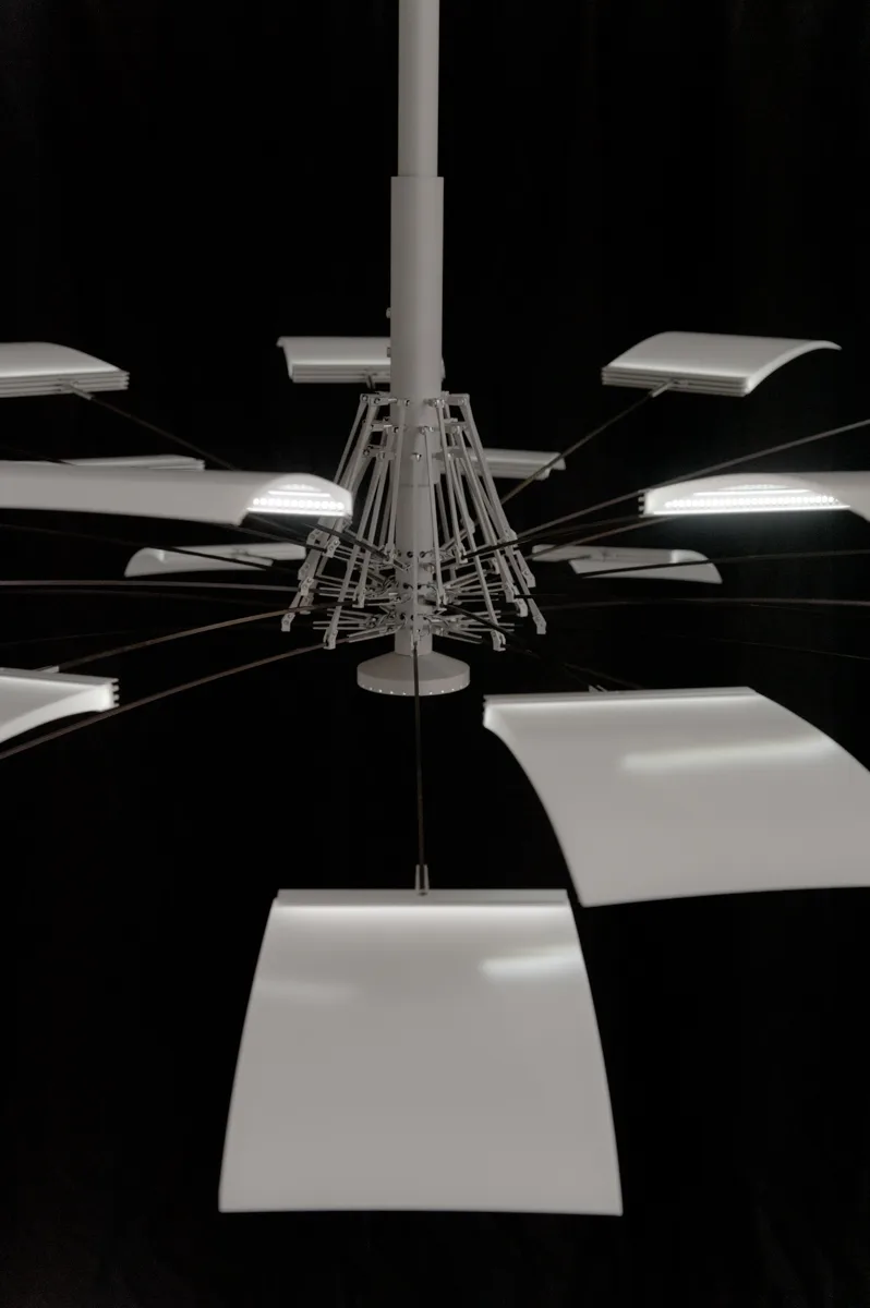 Detail of the central mechanism of the LC 1.0 chandelier with blades spreading outwards — LC 1.0 chandelier by Denise M. Hachinger, product and design photography by Janina Laszlo