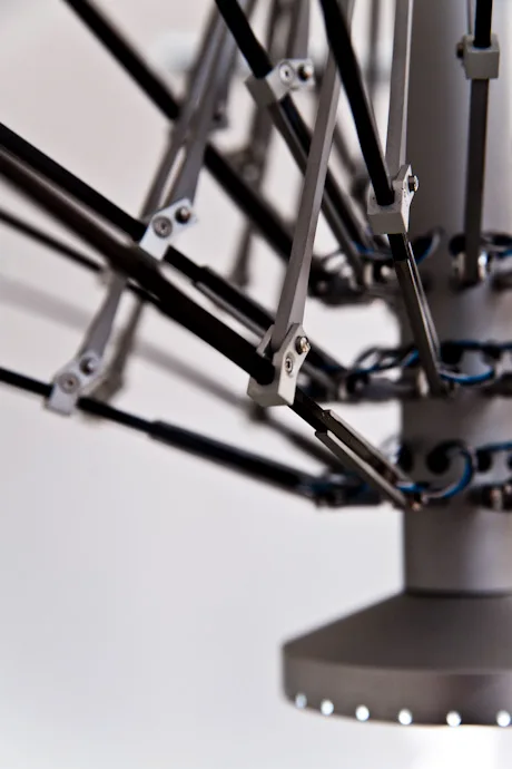 Close-up of the aluminium joints and rods of the LC 1.0 chandelier mechanism — LC 1.0 chandelier by Denise M. Hachinger, product and design photography by Janina Laszlo