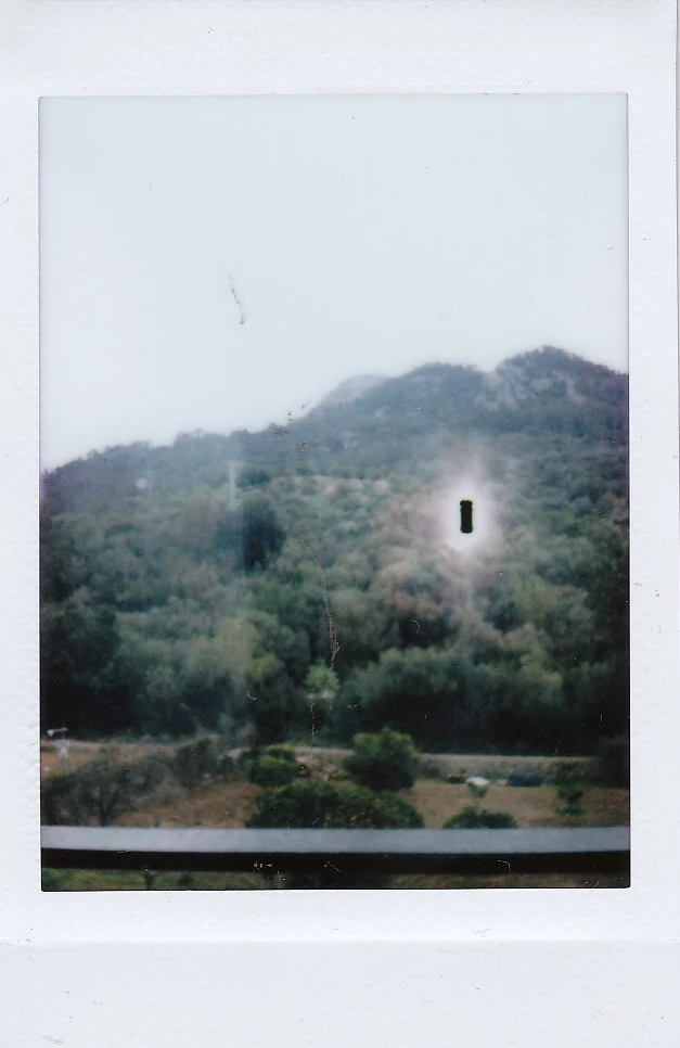Polaroid of a forested mountainside with a single lit window, mist above the slope, Mallorca — Mallorca Polaroids, analog travel photography by Janina Laszlo