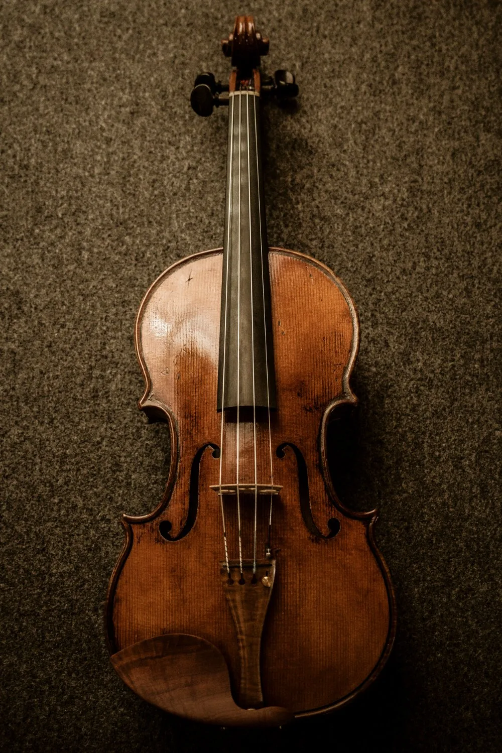 Finished violin on a dark textured backdrop — Martin Schleske, master violin maker, editorial portrait and documentary photography by Janina Laszlo, Landsberg am Lech