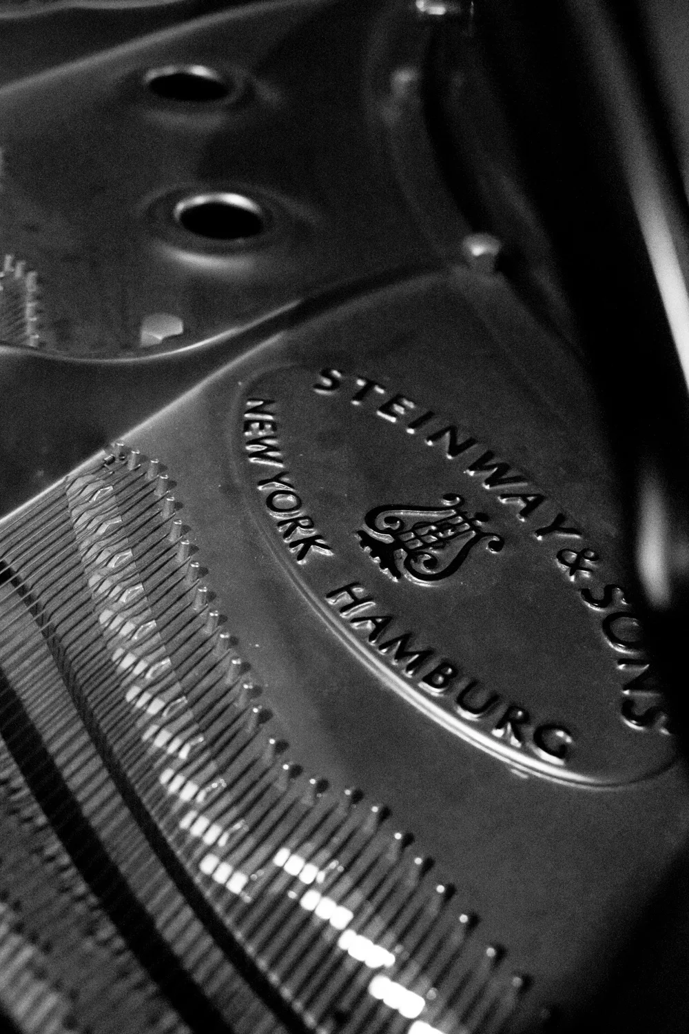 Steinway & Sons New York Hamburg emblem on the cast-iron plate of a grand piano, black-and-white — Matthias Heiligensetzer, pianist & entertainer, musician portrait photography by Janina Laszlo, Munich