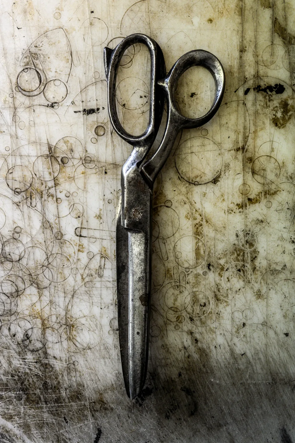 Old saddler scissors on a scratched cutting board — Michael Ruoff, master saddler, editorial portrait and craftsmanship photography by Janina Laszlo