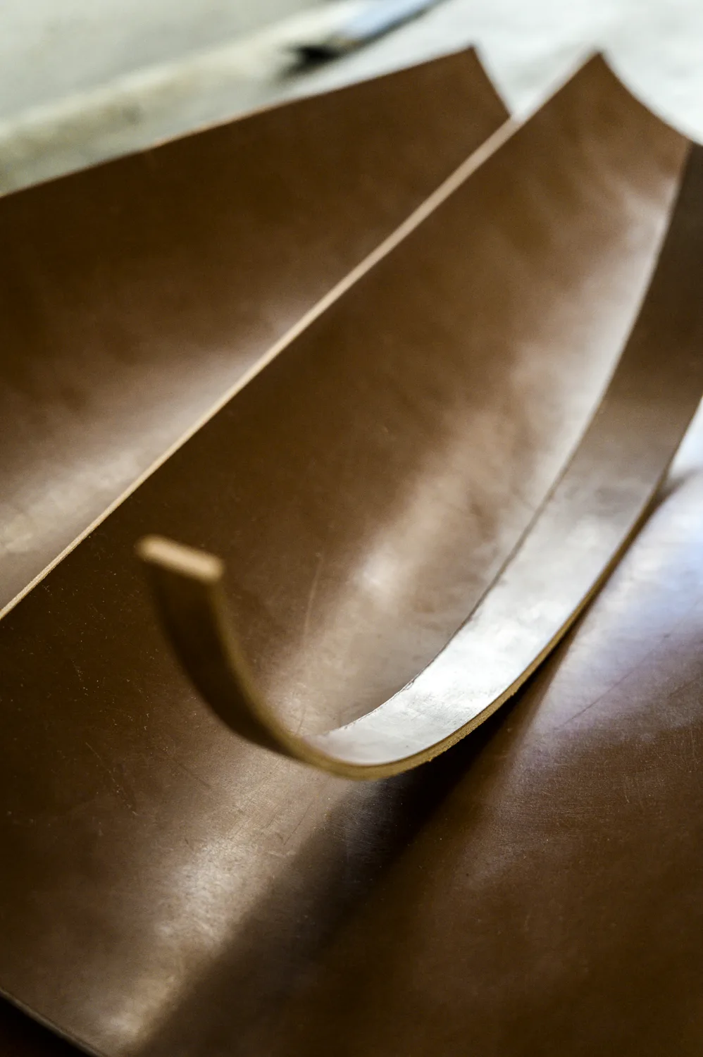 Curved sheets of vegetable-tanned leather in soft light — Michael Ruoff, master saddler, editorial portrait and craftsmanship photography by Janina Laszlo