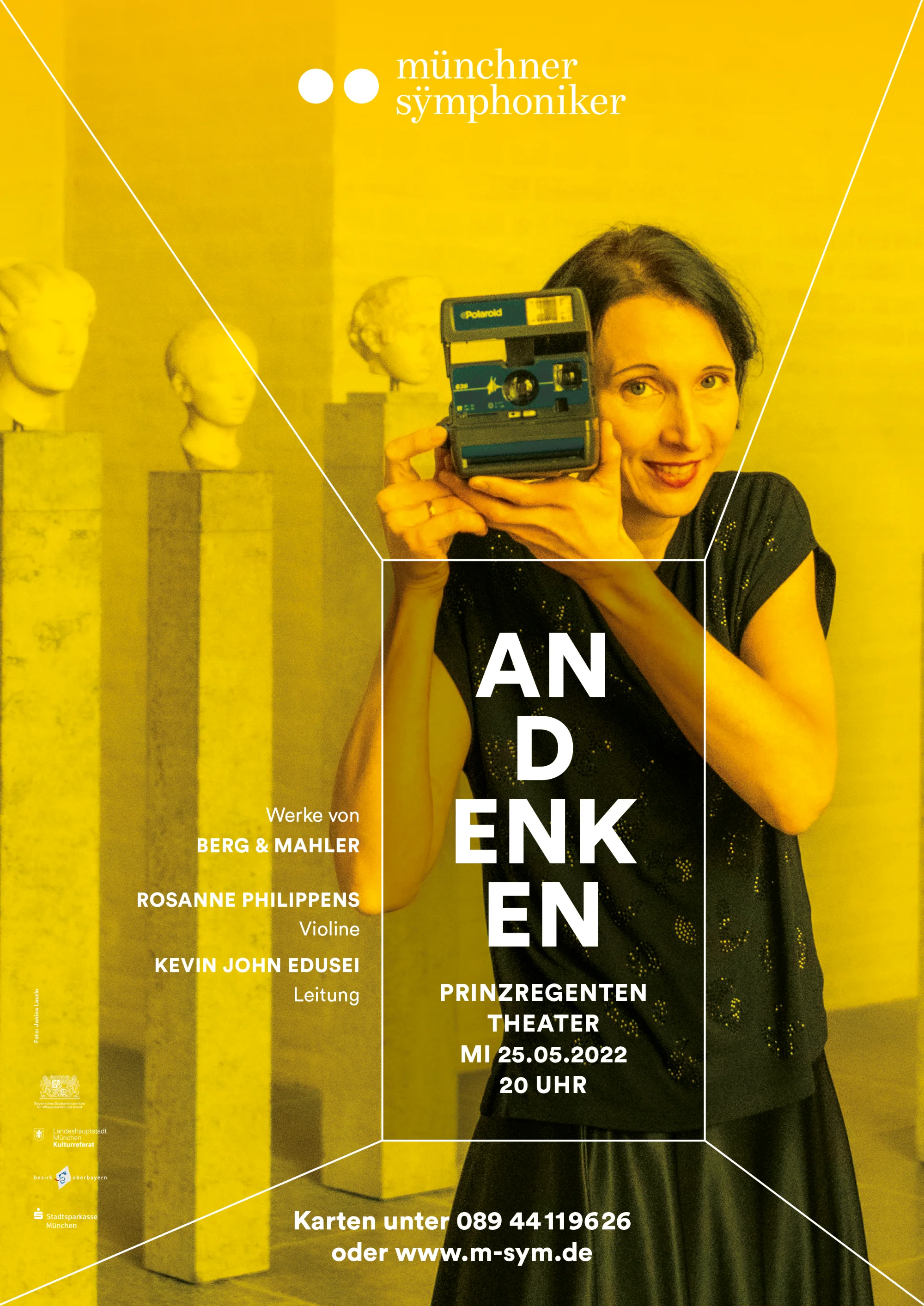 “Andenken” poster: musician with a Polaroid camera among plaster busts, Prinzregententheater — Münchner Symphoniker poster campaign, campaign photography by Janina Laszlo, Munich