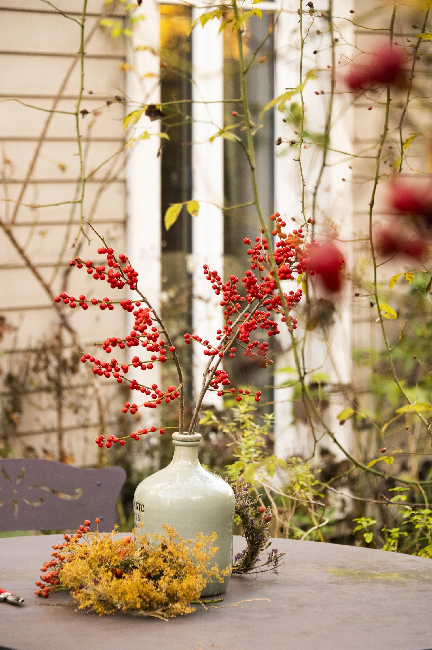 Red berry branches and orange flowers in a vase on a garden table in autumn — campaign photography by Janina Laszlo, Munich