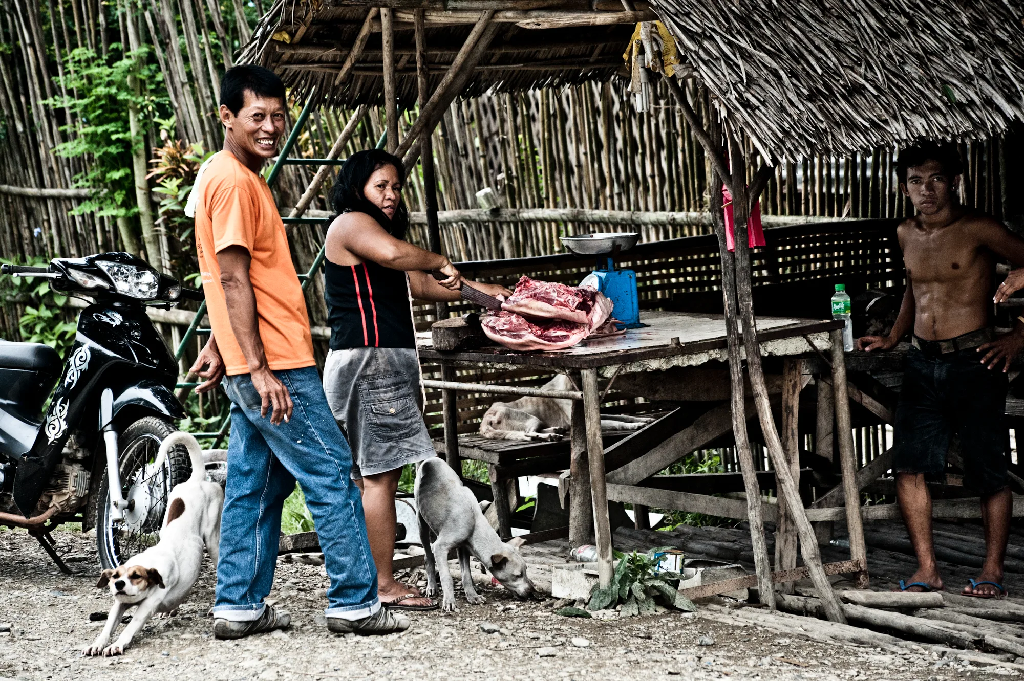 Family at a roadside butcher stall under a thatched roof, dogs at their feet — Palawan, Philippines, documentary and travel photography by Janina Laszlo