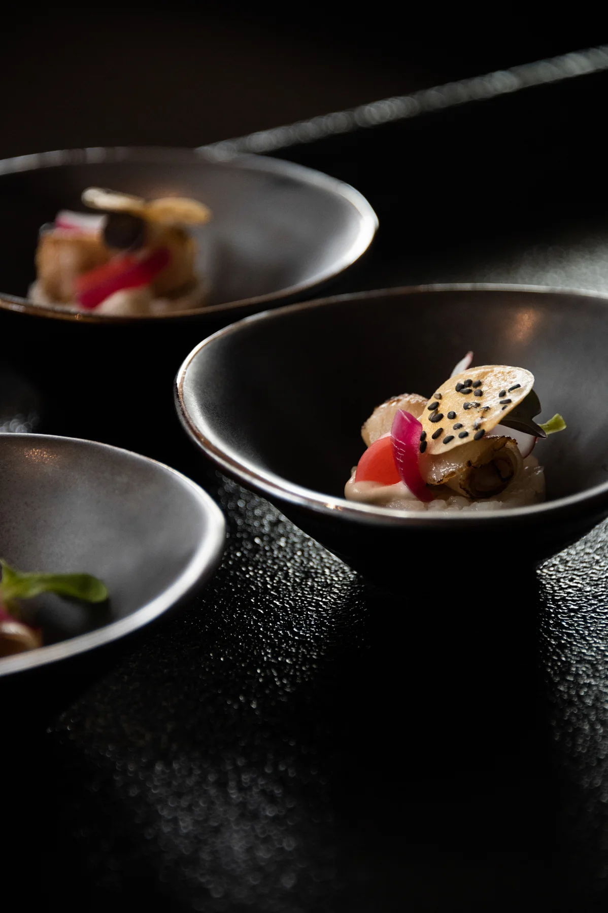 Plated courses on dark tableware — Salon Rouge, Michelin pop-up restaurant by Tohru Nakamura, Munich, for Der Feinschmecker — food and portrait photography by Janina Laszlo