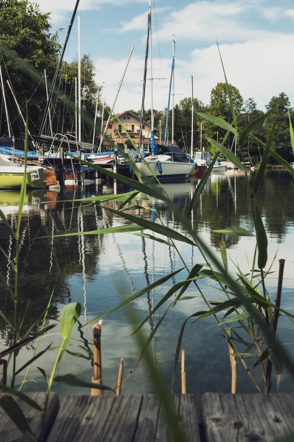 Sailing boats moored in a small lake harbour, seen through reeds from a wooden jetty on the Wörthsee — Fünfseenland for SEEMAGAZIN, editorial travel and landscape photography by Janina Laszlo, Munich