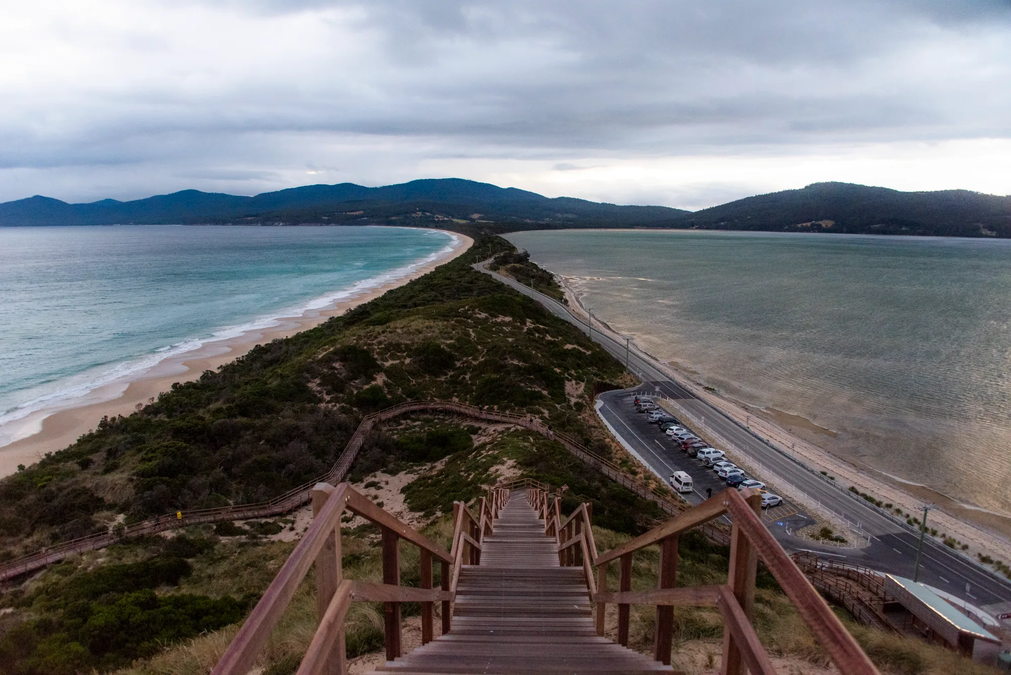 Stairs down from the lookout over The Neck, the isthmus of Bruny Island — Tasmania, landscape and travel photography by Janina Laszlo