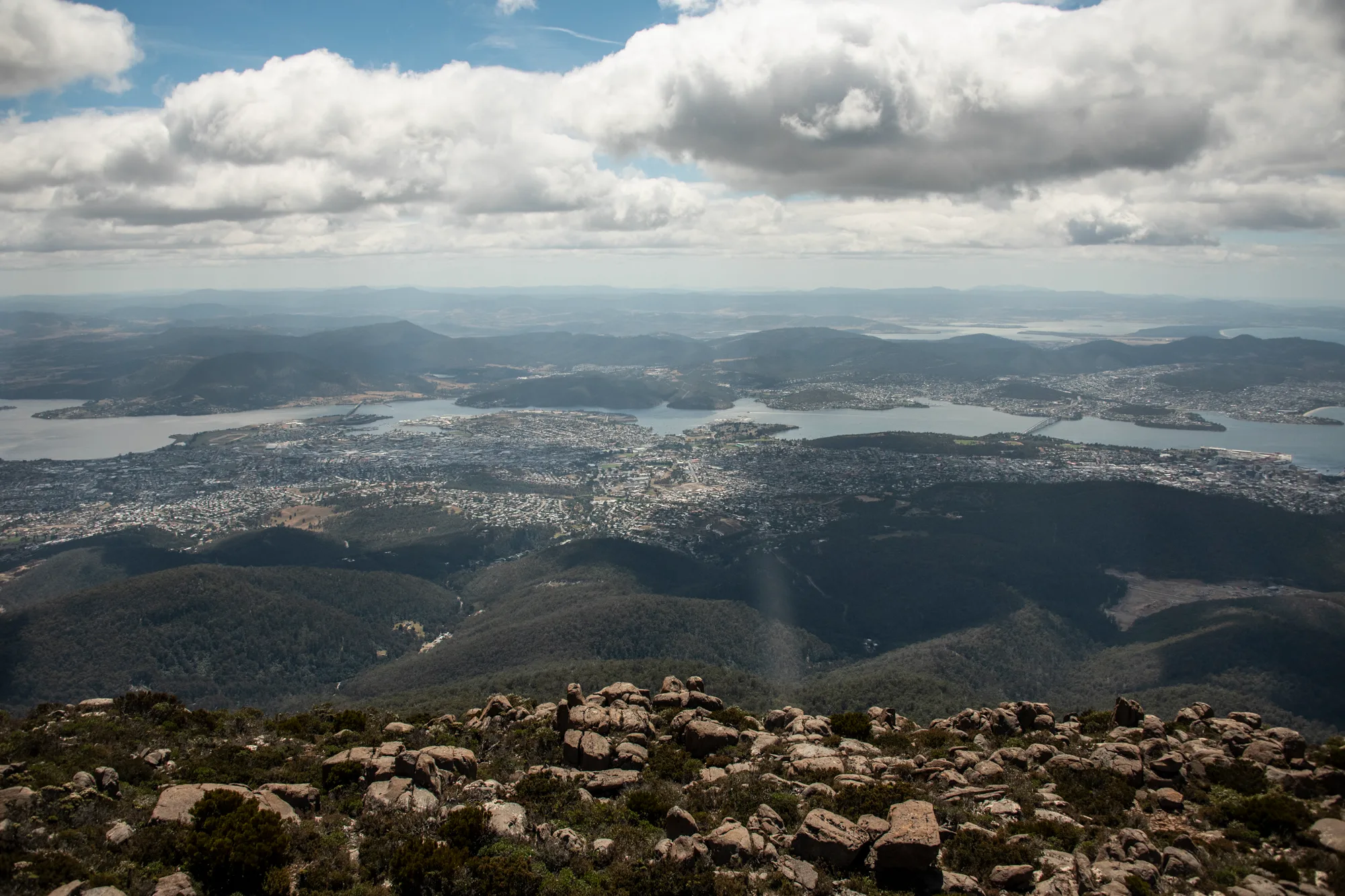 View from kunanyi / Mount Wellington over Hobart and the River Derwent — Tasmania, landscape and travel photography by Janina Laszlo