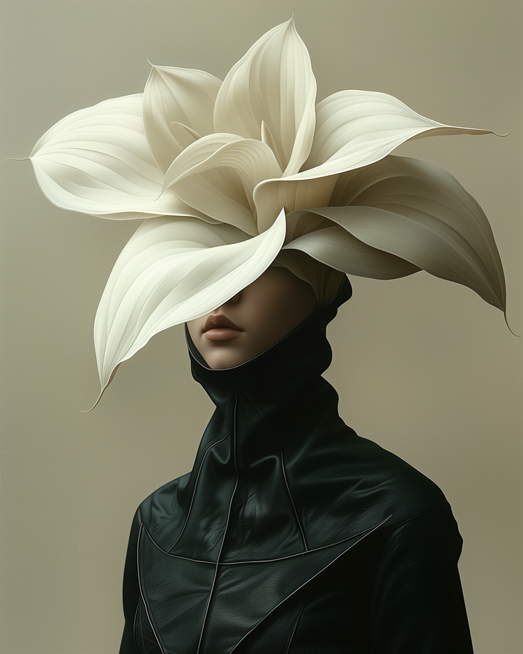 Soma (UNITY) — woman whose head is hidden by a giant white lily blossom, black high-collared coat, olive background — digital AI art series by Janina Laszlo