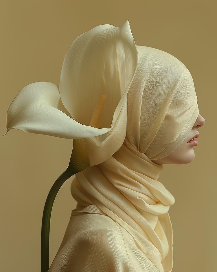 Eclypse (UNITY) — calla lily growing from the hood of a woman in cream wool, warm beige tones — digital AI art series by Janina Laszlo